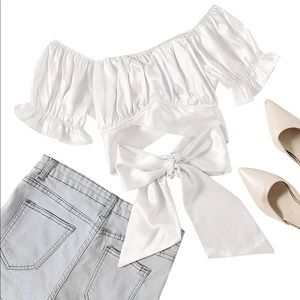 #17 Women'sRuffle Short Sleeve TieUp Back Crop Top Off Shoulder Bardot Blouse